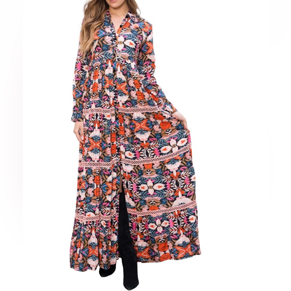 BAROK PARIS Floral Metallic Long Sleeve Maxi Shirtdress